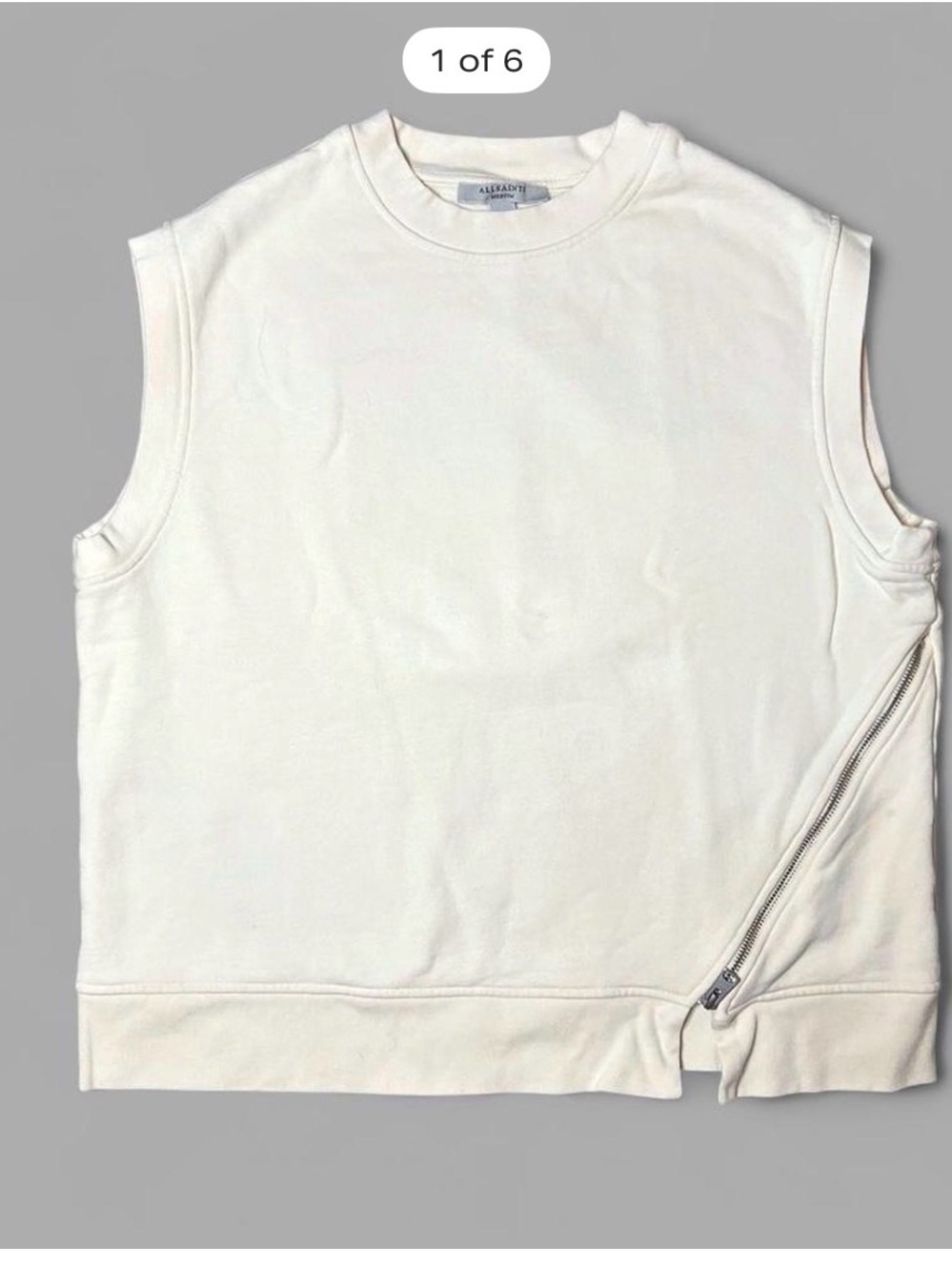 AllSaints Cream Sleeveless Crewneck Fleece Tank with Angled Zip